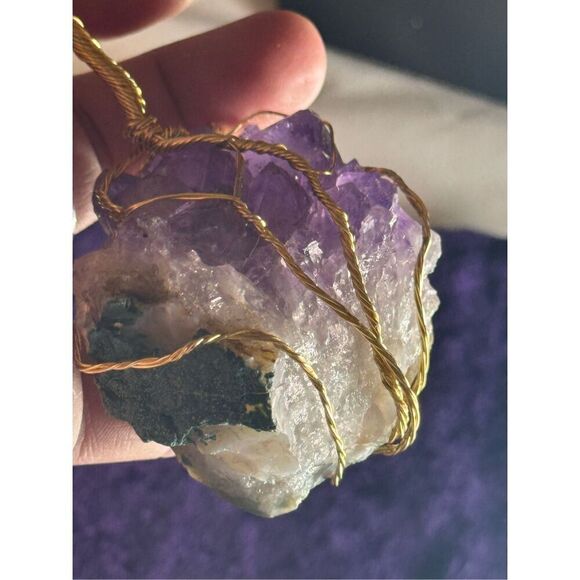 GEMSTONE BONSAI TREE WITH AMETHYST DRUZE BASE  lepoldite TUMBLED STONE LEAVES - Picture 5 of 7